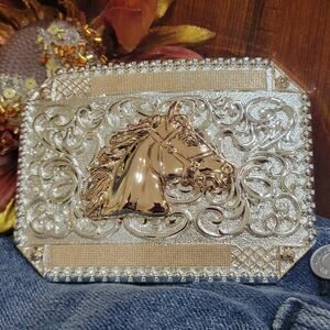 Horse Face Cowboy Belt Buckle Western HebillaSilver & Rosetone 4x3.5 Inch
